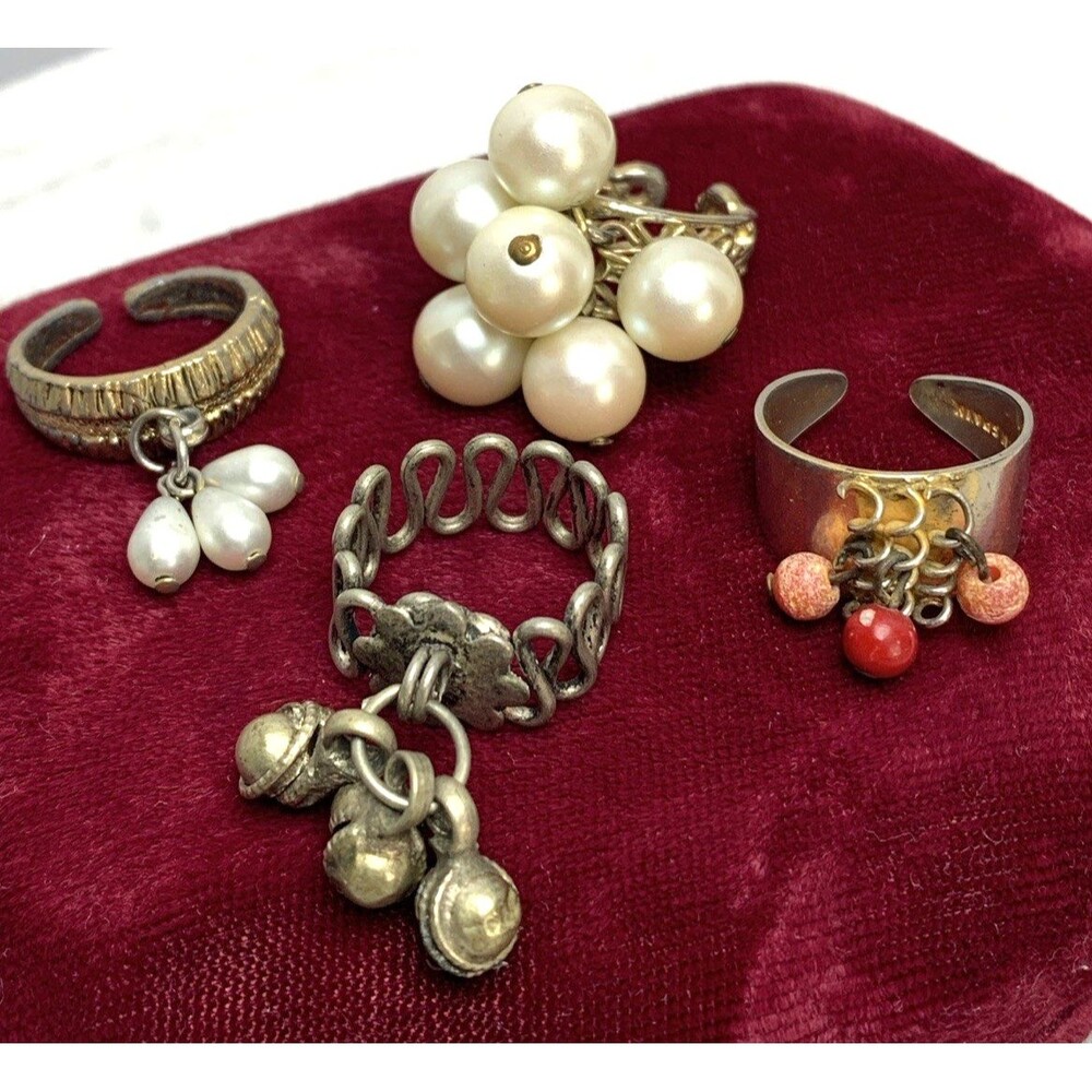 Vintage Dangle Beaded Cluster Ring Lot Faux Pearl AB Rhinestone Boho Statement